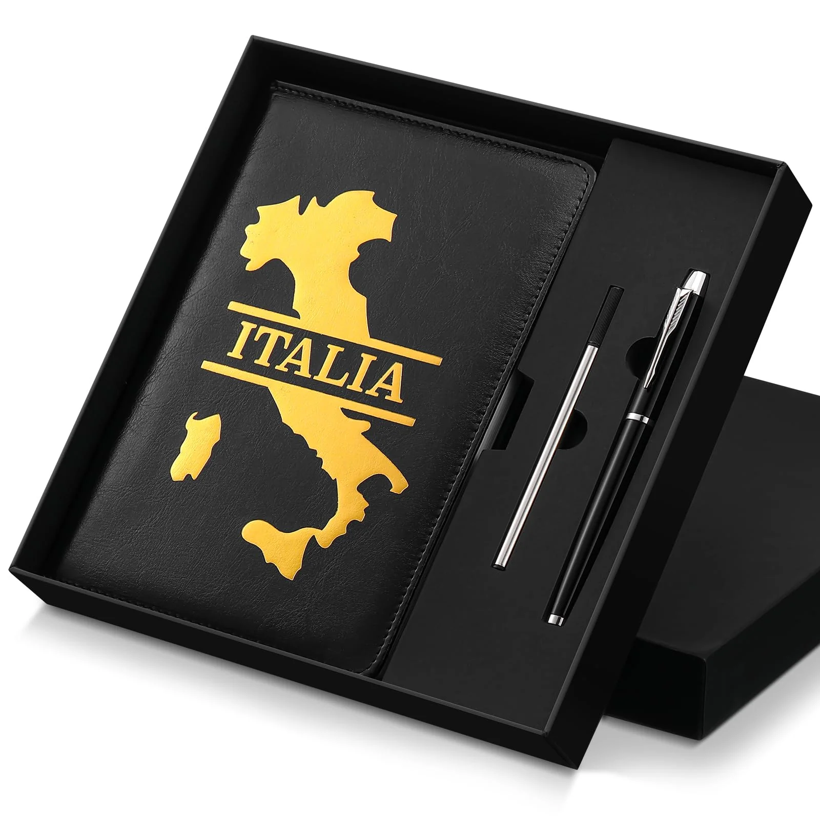 Thenshop 3Pcs Italy Souvenir Gift Set A5 Lined Leather Journal with Gold Embossed Map of Italy Notebook and Black Pen for Work,