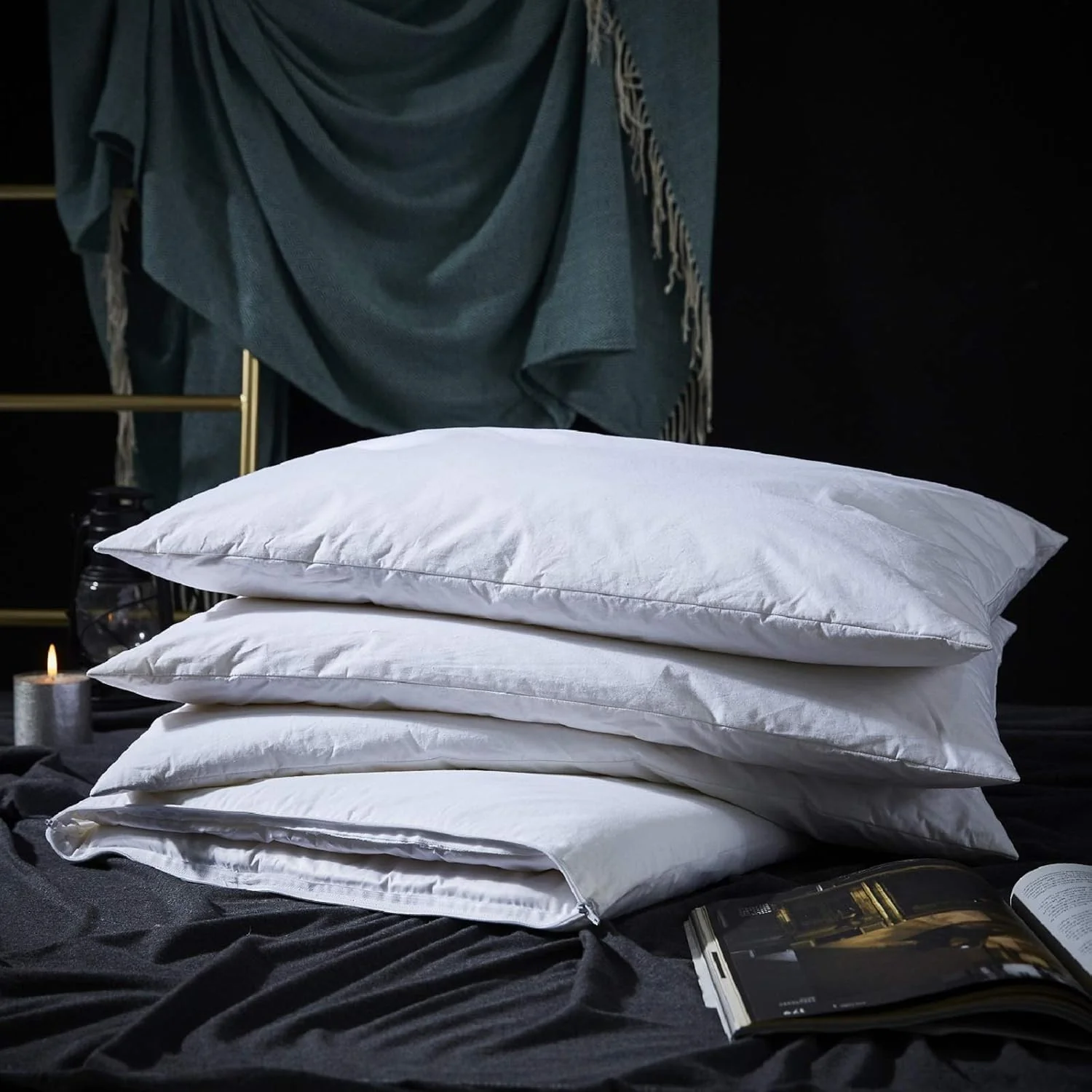 Three Geese Adjustable Layer Goose Feather Pillow Queen Size,Assemblable Bed Pillow with Pillowcase,100% Soft Cotton Cover,Good