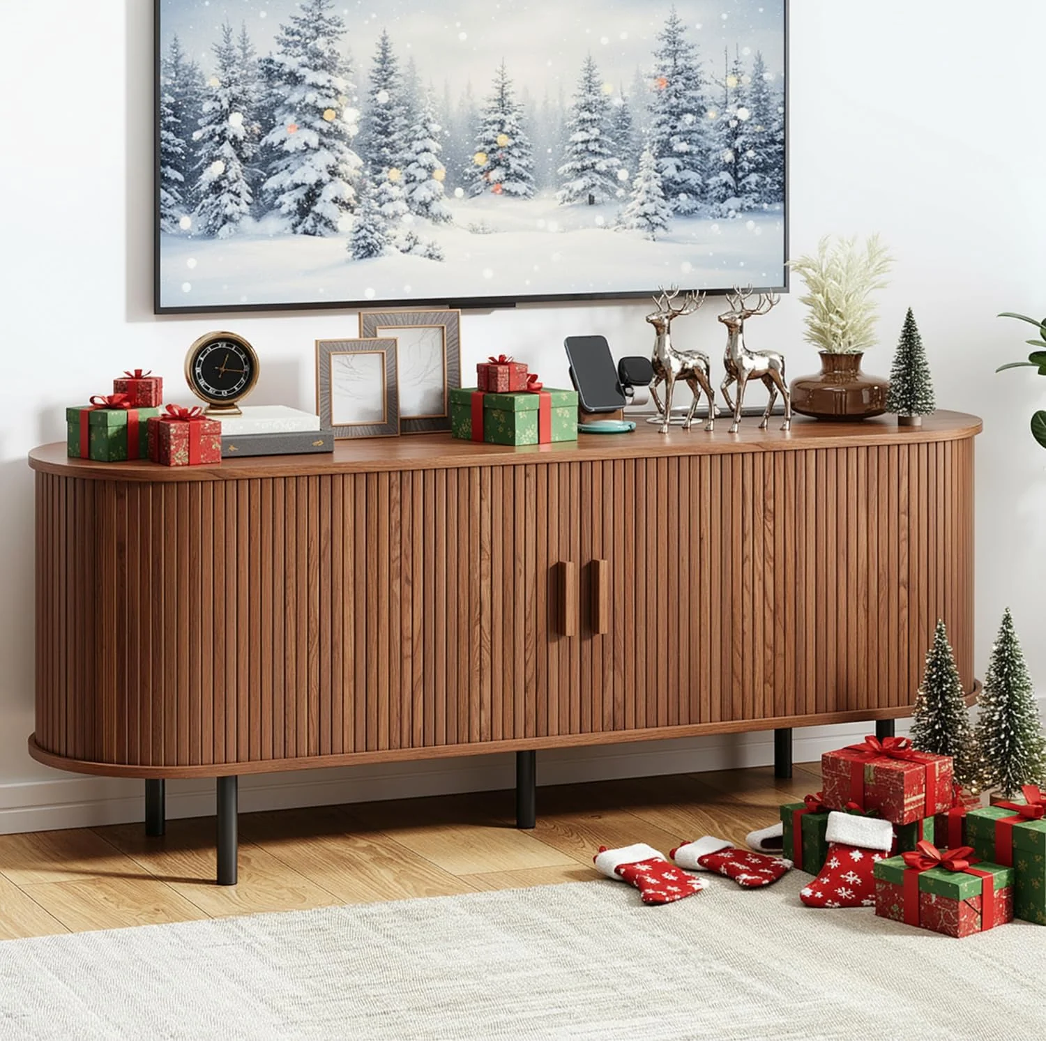 TV Stand with Power Outlet, Mid-Century Modern Television Stand, Media Console with Sliding Doors, Entertainment Center for TVs