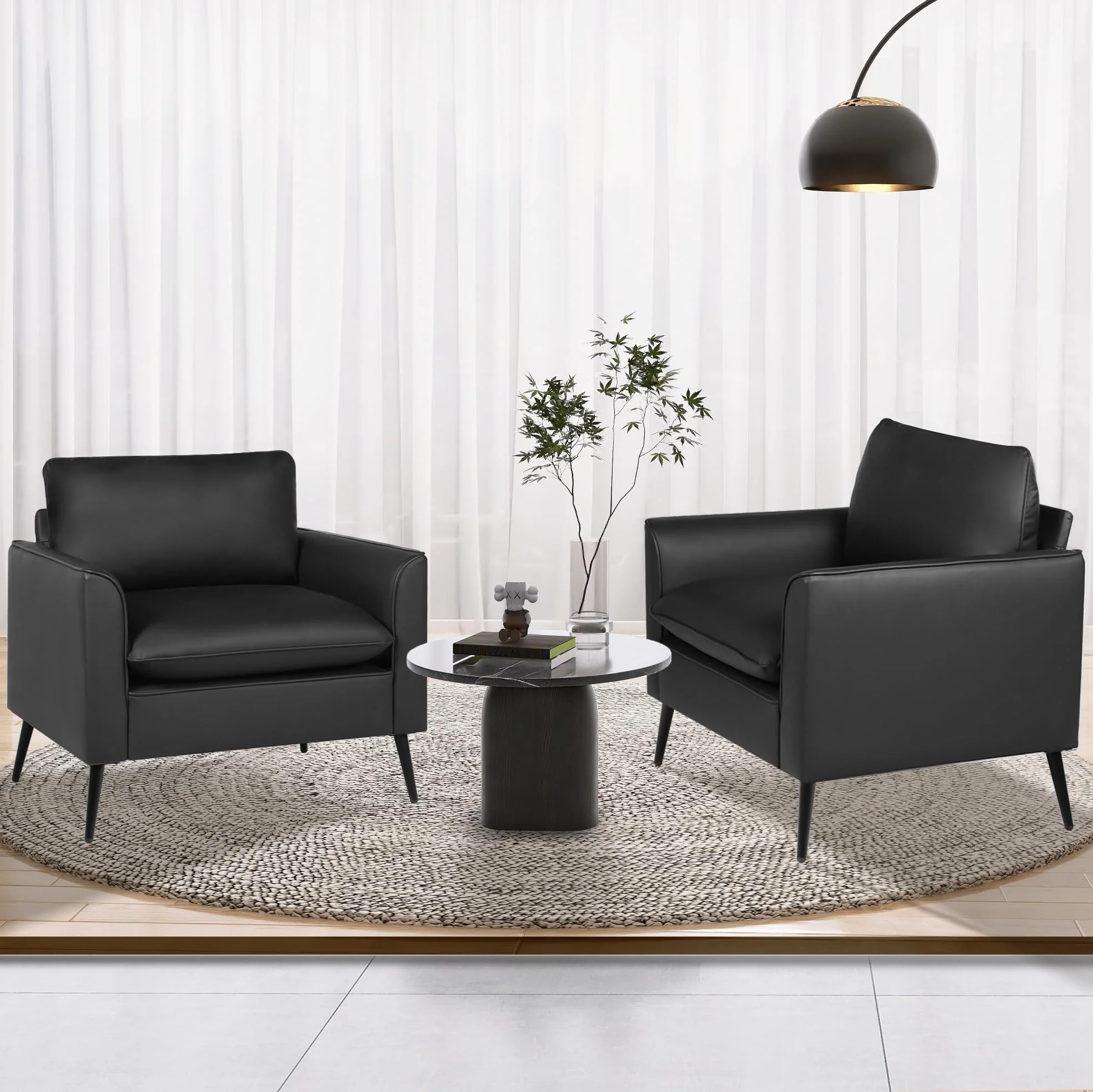 Tyboatle Accent Chairs Set Of 2, Black Leather Accent Chair, Comfy Living Room Chair, Cozy Reading Sitting Chair, Mid Century Mo