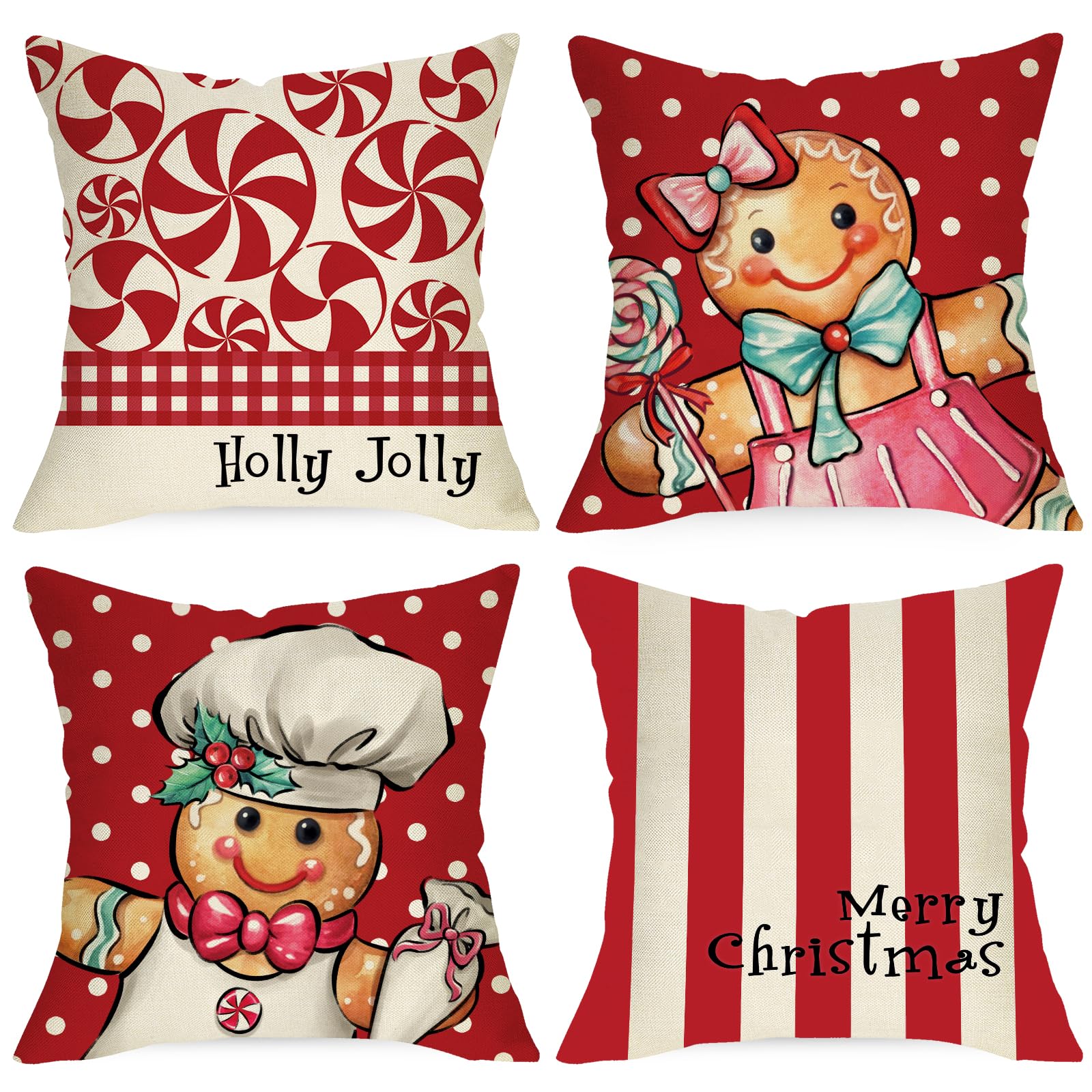 Ussap Merry Christmas Gingerbread Man Decorative Throw Pillow Covers 18X18 Set Of 4, Xmas Peppermint Candy Polka Dot Stripe Red