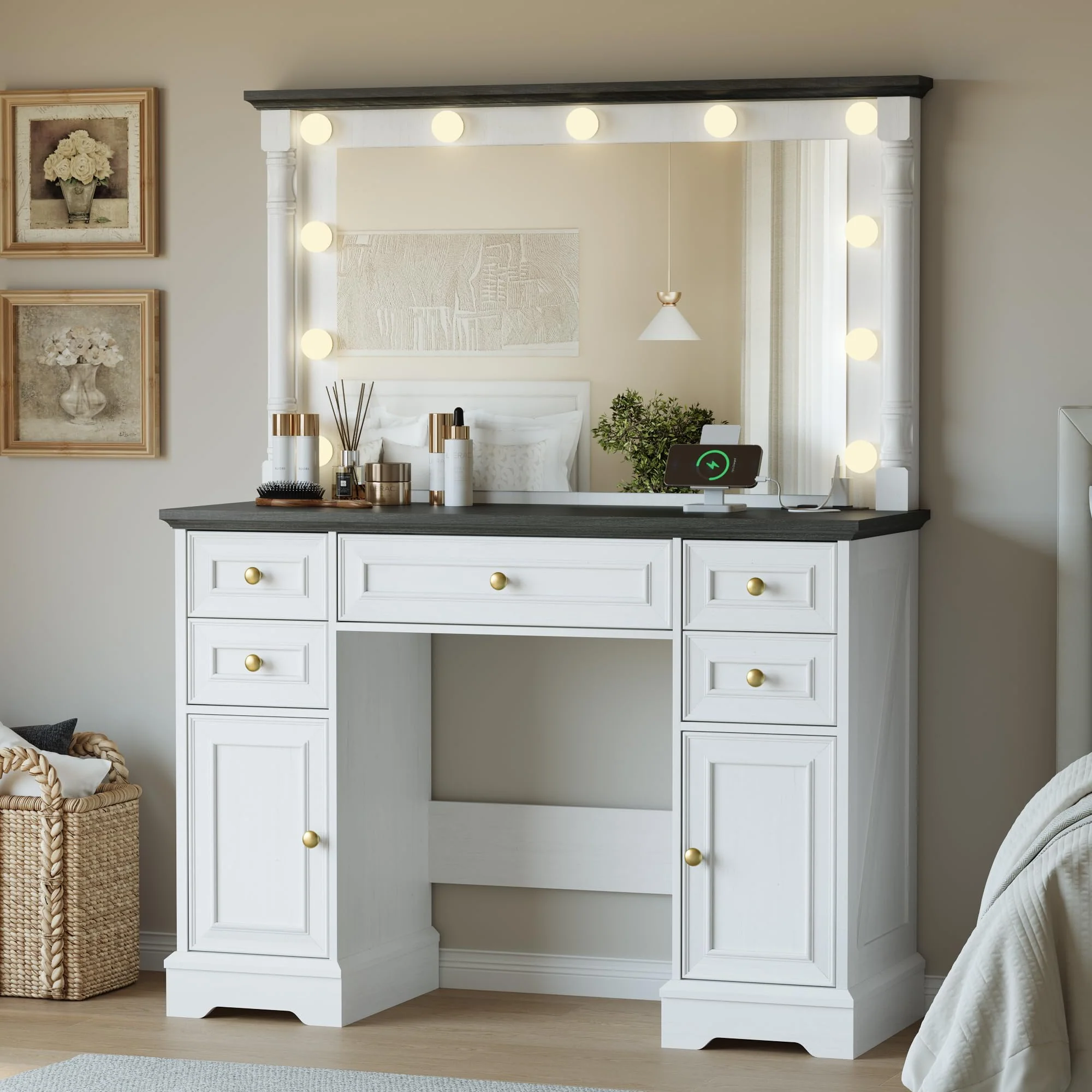 Vanity Desk with 38 Large Mirror and 11 LED Lights, Adults Makeup Vanity with 5 Drawers and 2 Cabinets & Power Outlet and 3 Ligh