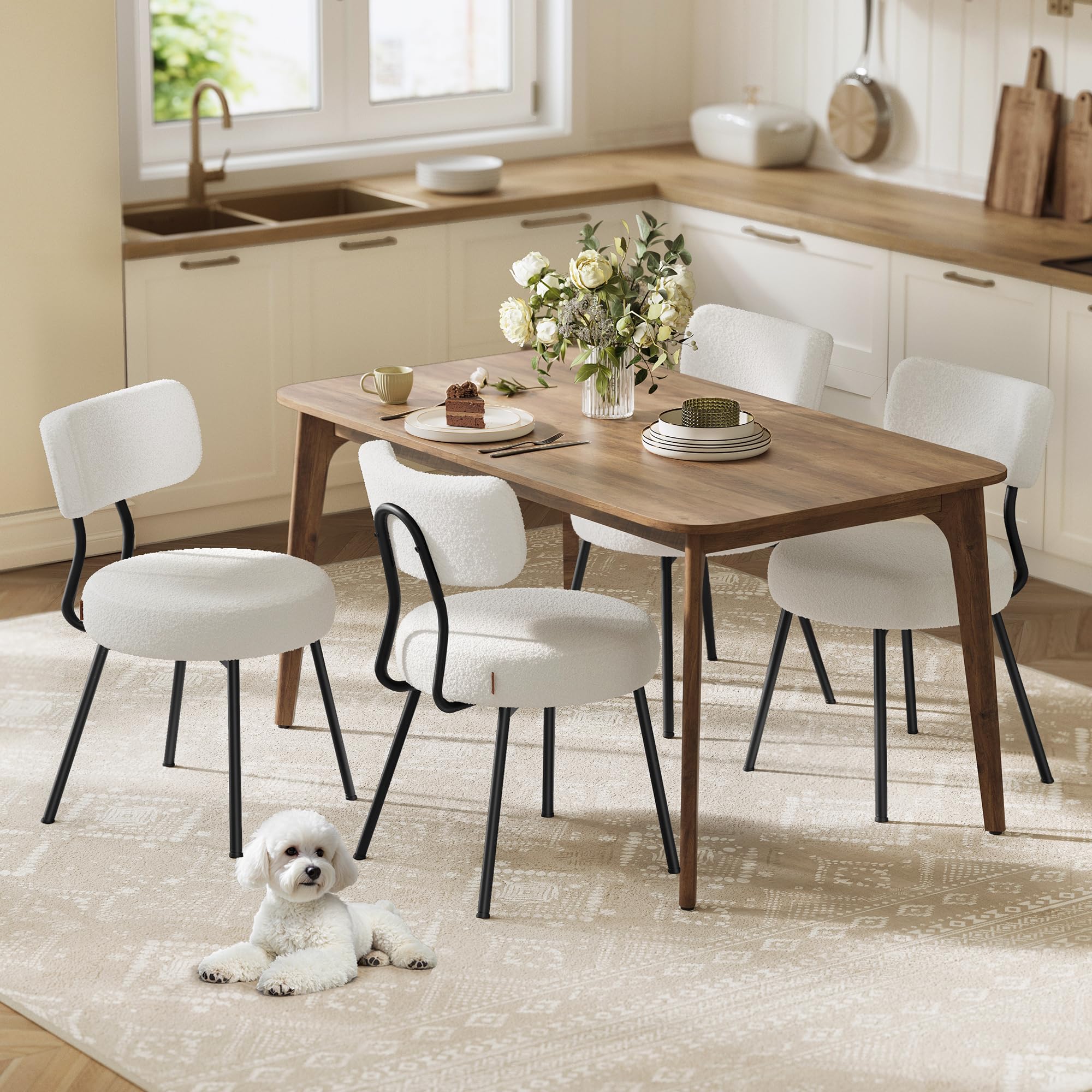 VASAGLE Boucle Dining Chairs Set of 4, Upholstered Kitchen Dining Room Chairs with Curved Backrest and Steel Frame, Modern Mid C