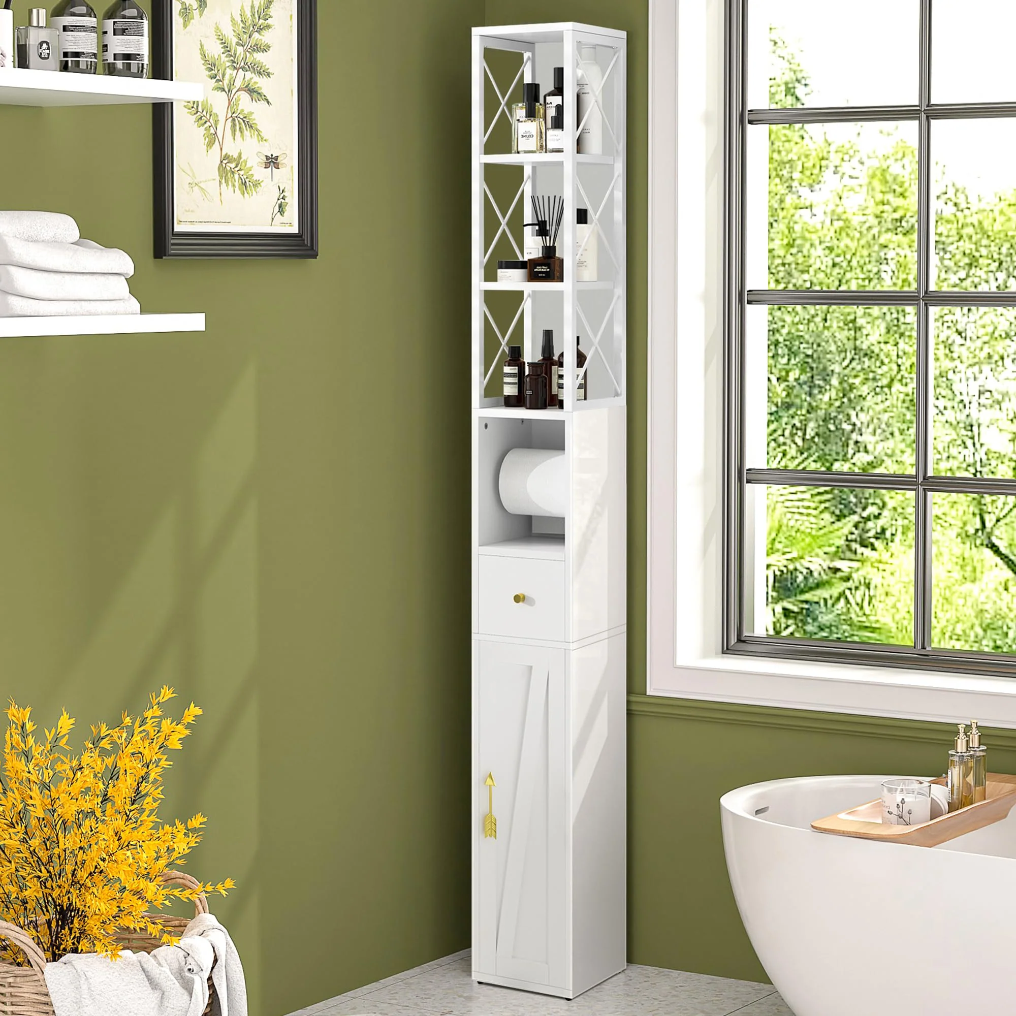 VECELO Tall Narrow Storage Cabinet with X-Frame Metal Design, Slim Freestanding Bathroom Cabinet with Toilet Paper Holder, Magne