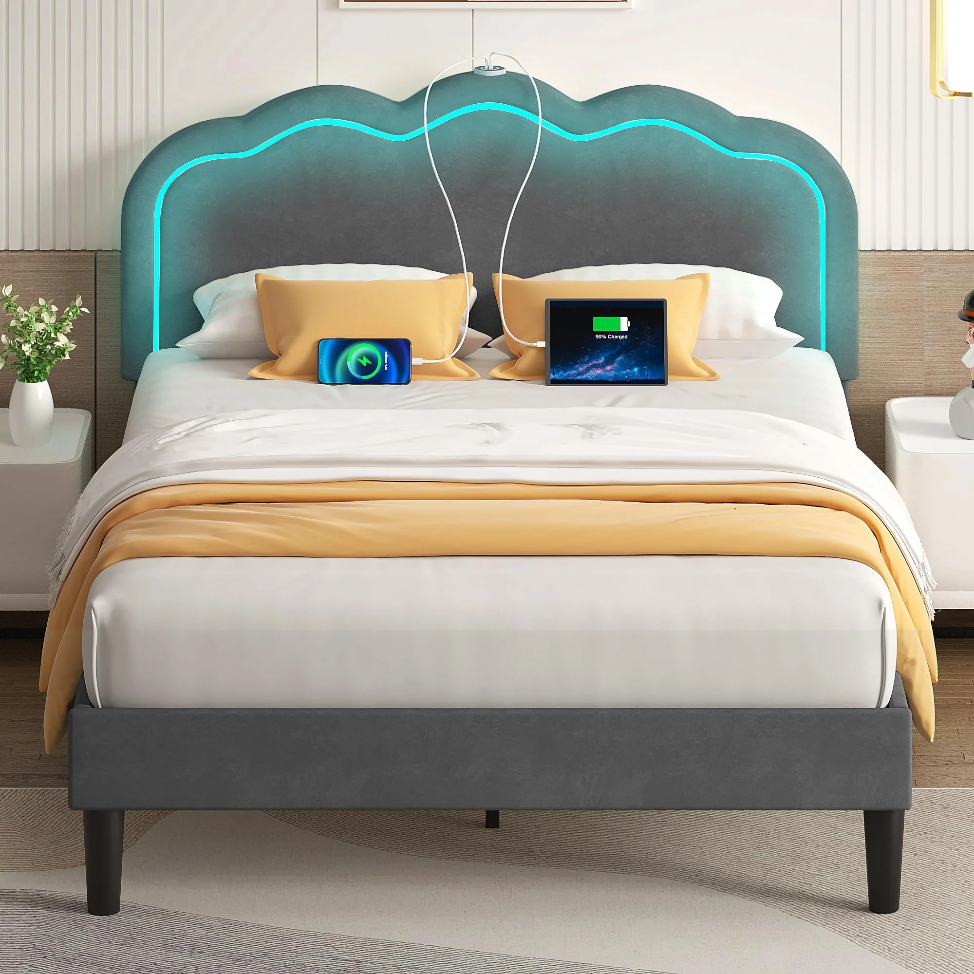 VECELO Upholstered Full Bed Frame with Headboard Adjustable, LED Lights, USB-A & Type-C, Velvet Platform Bed Noise Free, Mattres