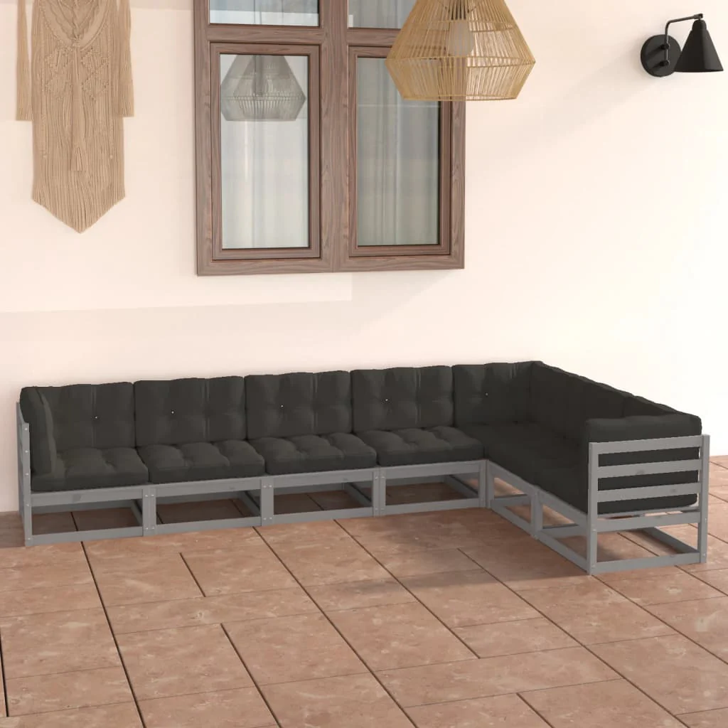 vidaXL 7 Piece Garden Lounge Set with Cushions Grey Solid Pinewood