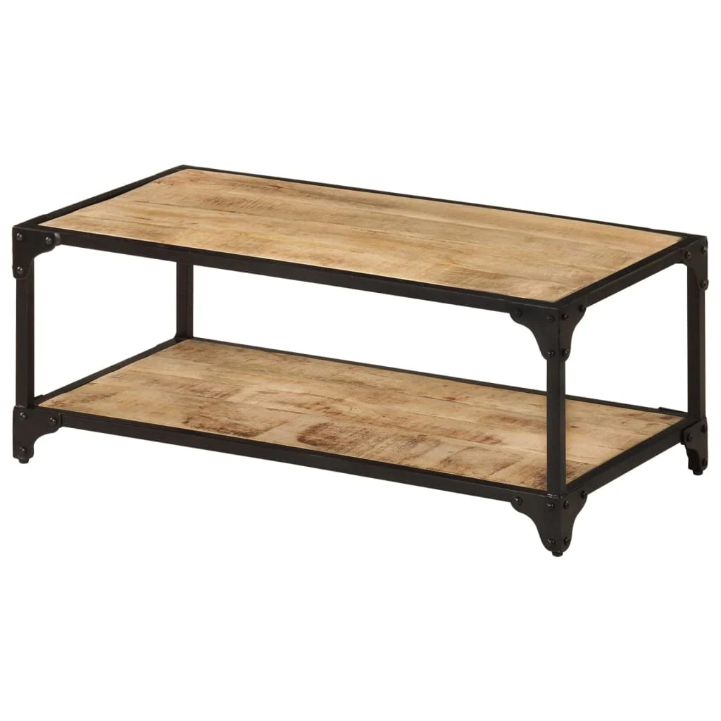 vidaXL Vintage-Style Coffee Table with Storage Shelf, Made from Solid Rough Mango Wood and Black Iron Frame - Rectangular, Retro