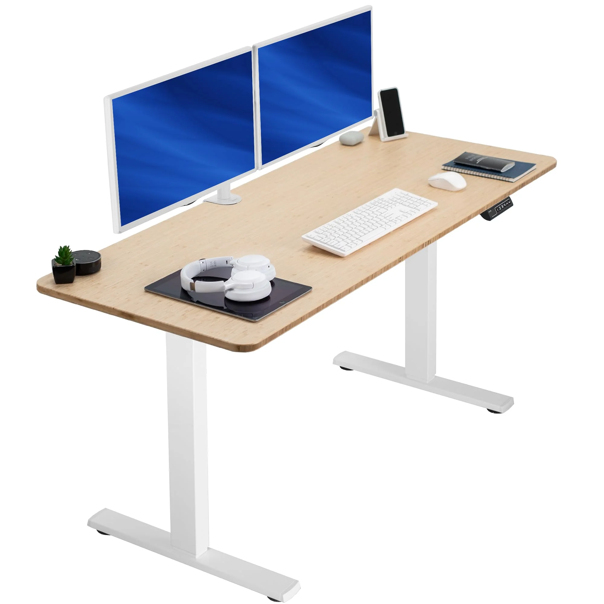VIVO Electric 60 x 24 in Real Bamboo Standing Desk, Memory Height Adjustment, 1B Series, Holds 220 lbs, One-Piece Top, White Fra