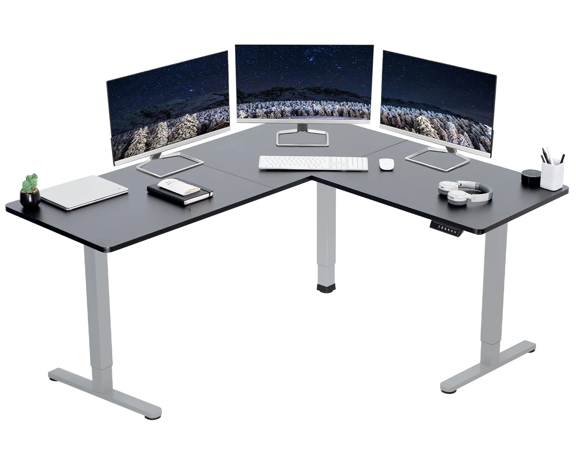 VIVO Electric Corner 63 x 55 inch L-Shaped Standing Desk, Memory Height Adjustment, Black Top Gray Frame, DESK-E3CTGB