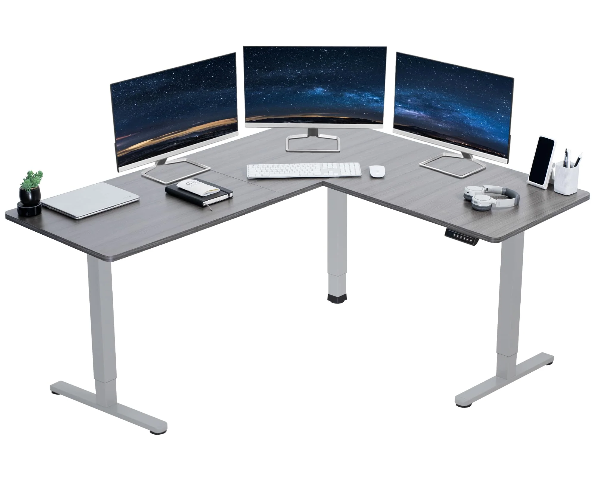 VIVO Electric Corner 63 x 55 inch L-Shaped Standing Desk, Memory Height Adjustment, Dark Gray Top Gray Frame, DESK-E3CTGG