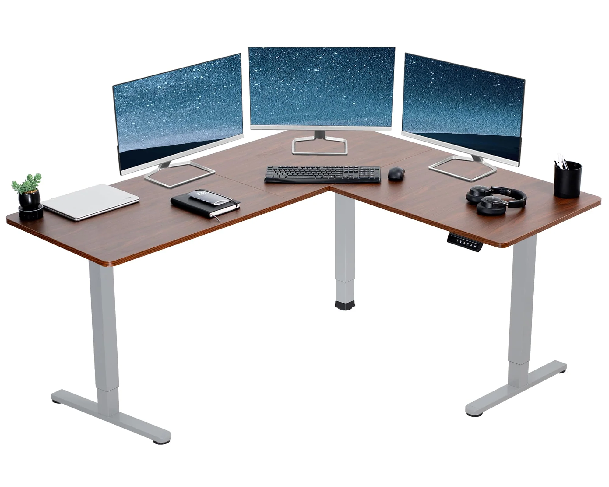 VIVO Electric Corner 63 x 55 inch L-Shaped Standing Desk, Memory Height Adjustment, Dark Walnut Top Gray Frame, DESK-E3CTGD