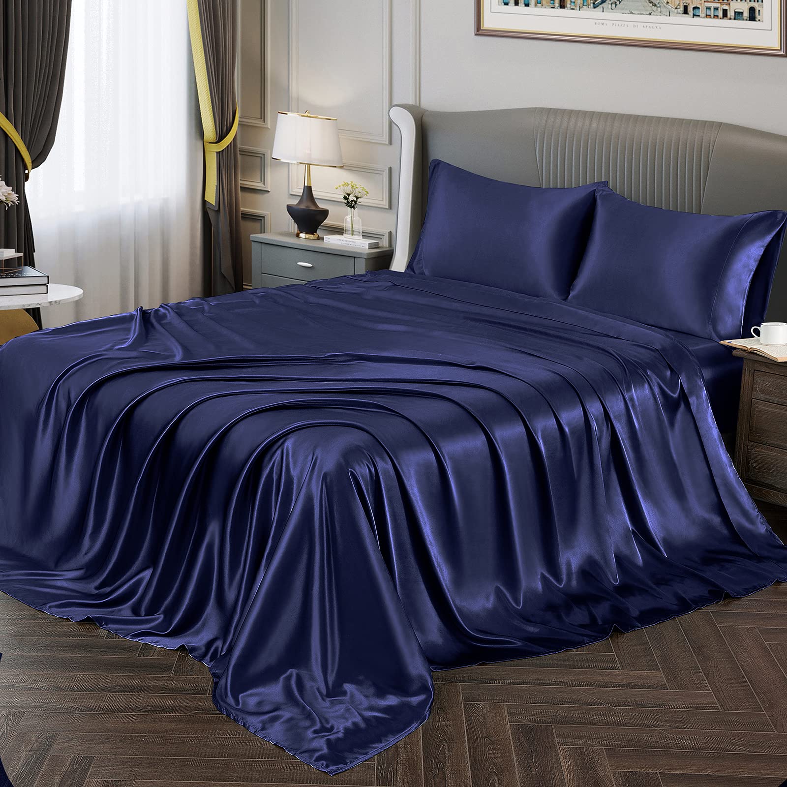 Vonty Satin Sheets Full Size Silky Soft Satin Bed Sheets Navy Blue Satin Sheet Set, 1 Deep Pocket Fitted Sheet + 1 Flat Sheet +