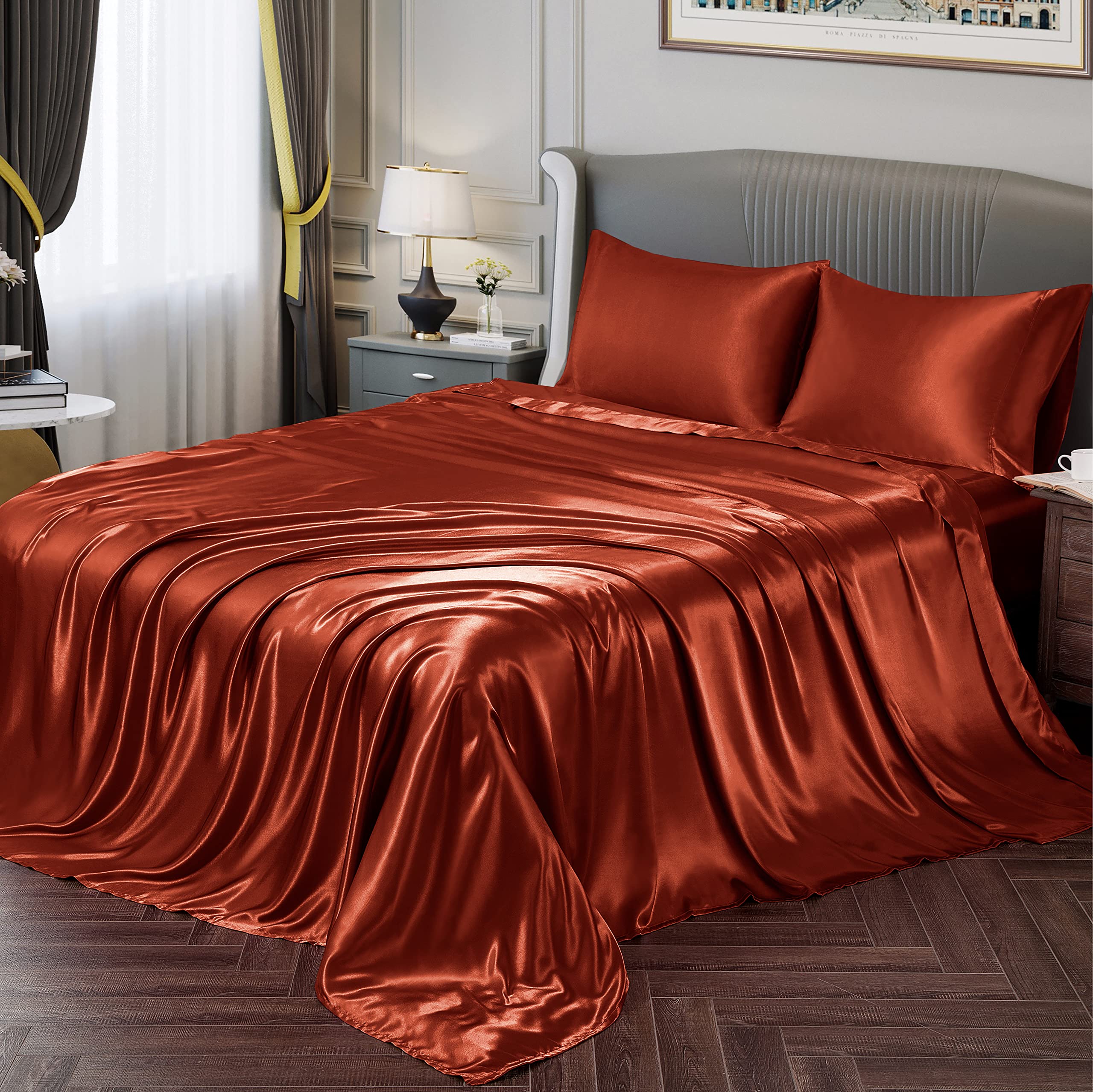 Vonty Satin Sheets King Silky Soft Satin Bed Sheets Rust Orange Satin Sheet Set, 1 Deep Pocket Fitted Sheet + 1 Flat Sheet + 2 P