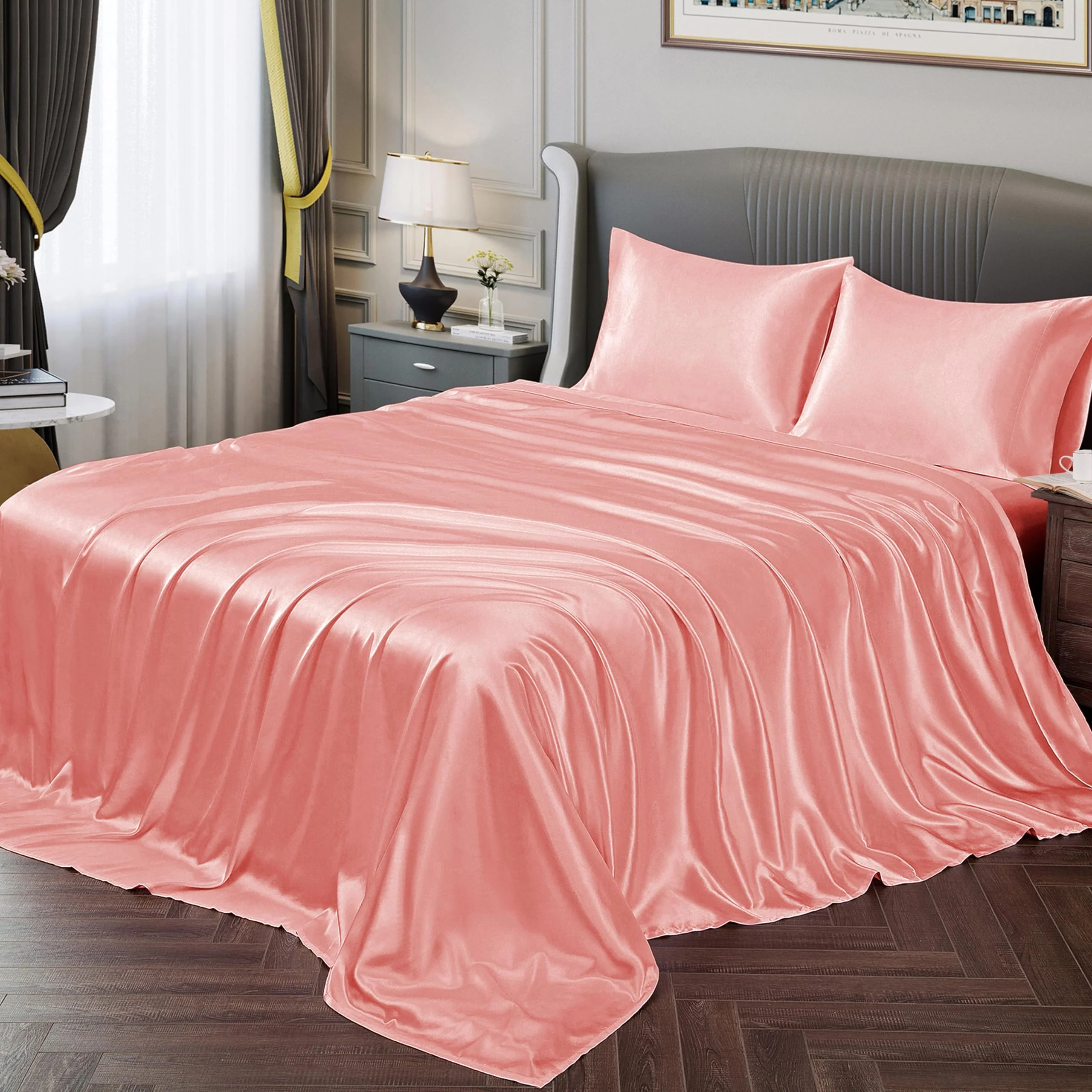 Vonty Satin Sheets Queen Size Silky Soft Satin Bed Sheets Blush Pink Satin Sheet Set, 1 Deep Pocket Fitted Sheet + 1 Flat Sheet