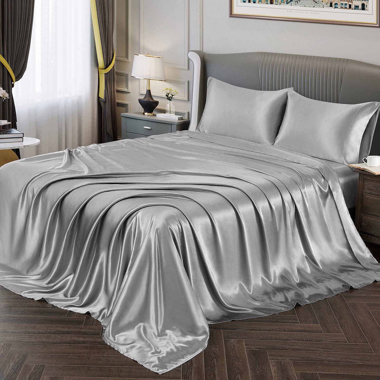 Vonty Satin Sheets Queen Size Silky Soft Satin Bed Sheets Silver Grey Satin Sheet Set, 1 Deep Pocket Fitted Sheet + 1 Flat Sheet