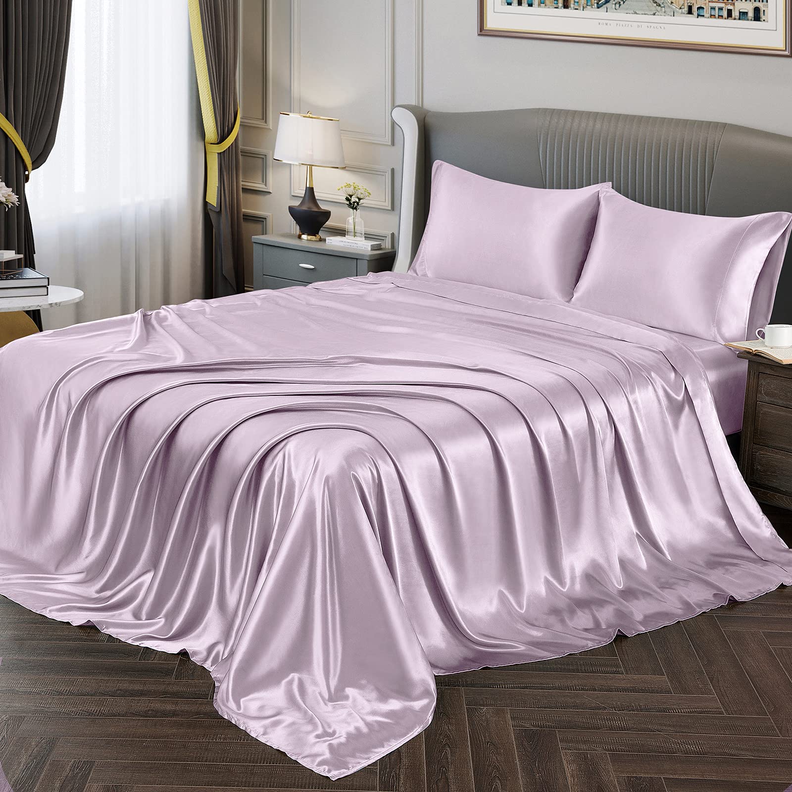 Vonty Satin Sheets Twin Xl Silky Soft Satin Bed Sheets Luxury Lavender Satin Sheet Set, 1 Deep Pocket Fitted Sheet + 1 Flat Shee