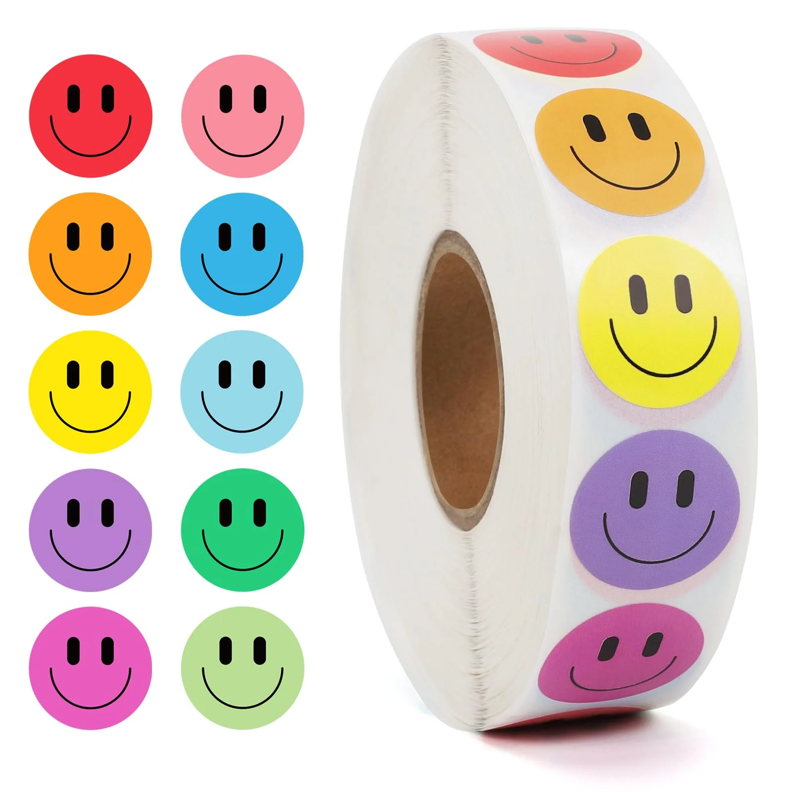 Wercokt 2000PCS Happy Face Stickers, 1 Inch, 10 Colors, Stickers for Kids Reward, Water Bottle Smiling Stickers, for Student Pla