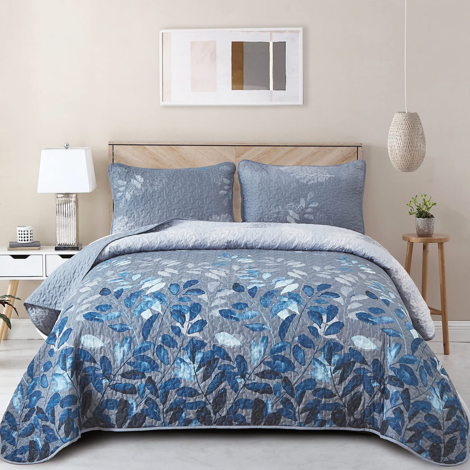 Wongs Bedding Blue Quilt Set Queen Size,3 Pieces Navy Blue Floral Bedspread Coverlet Set,Soft Microfiber Lightweight Floral Bedd