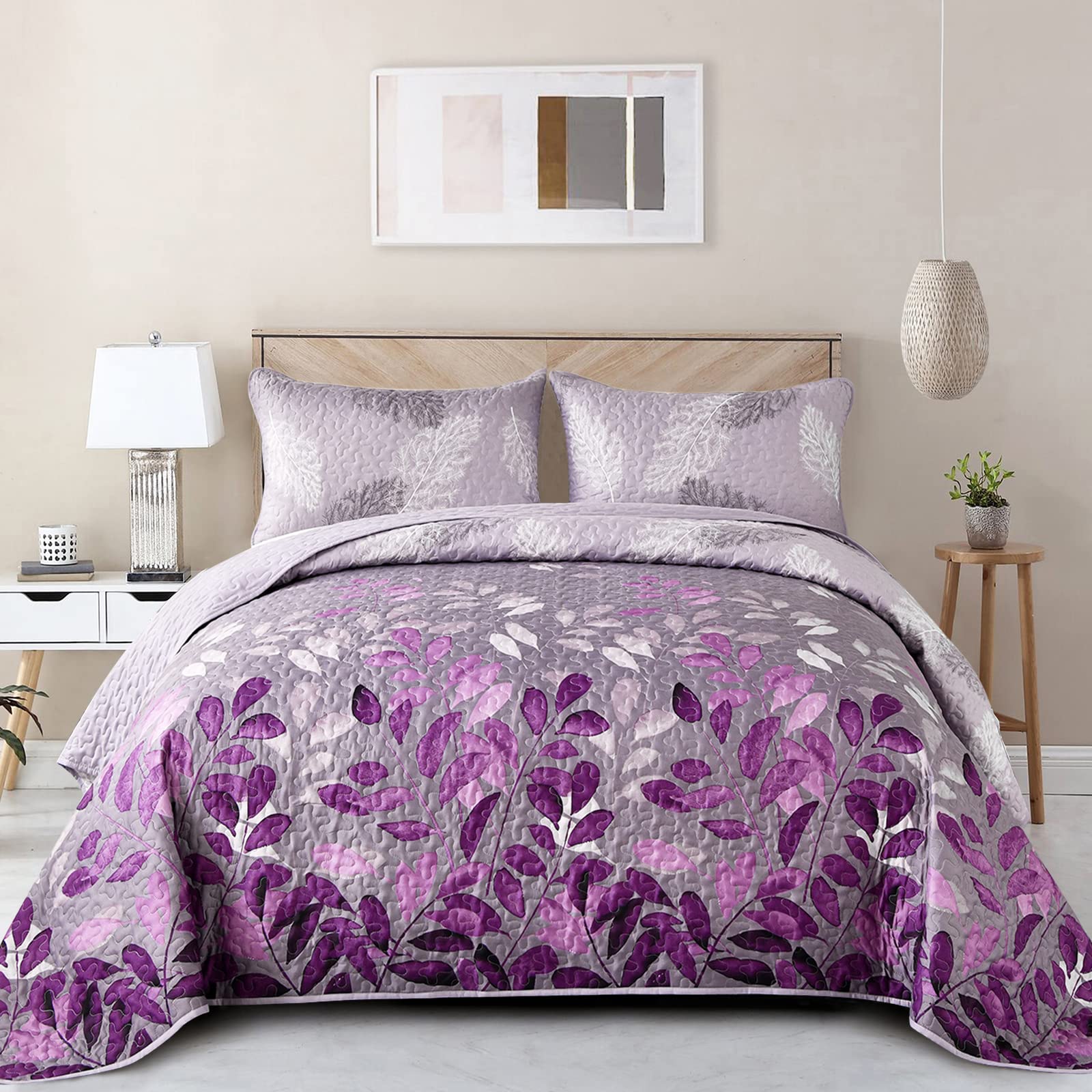 Wongs Bedding Purple Floral Quilt Set King Size, 3 Pieces Botancal Leaves Bedspread Coverlet Set With 2 Pillowcases For All Seas