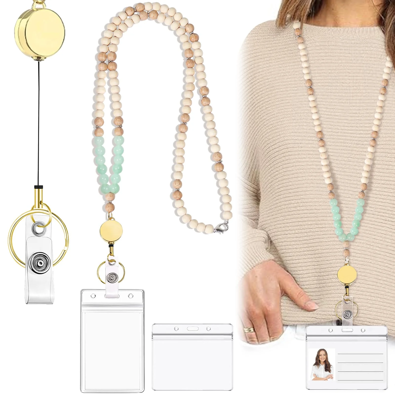 Wooden Beaded Lanyard for ID Badges, Teacher, Cruise Ship Cards - Retractable, Personalized With ID Holder, Keychain, Breakaway