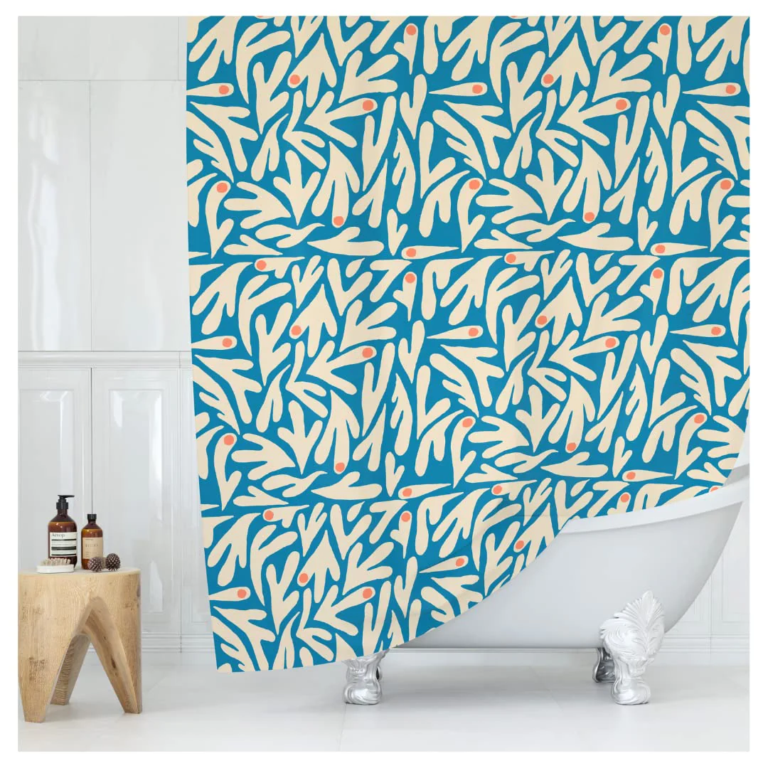 Worthwhile Goods Matisse Blue And White Boho Modern Fabric Shower Curtain, Abstract Floral Art Shower Curtain, 72X72 Inches (Mat