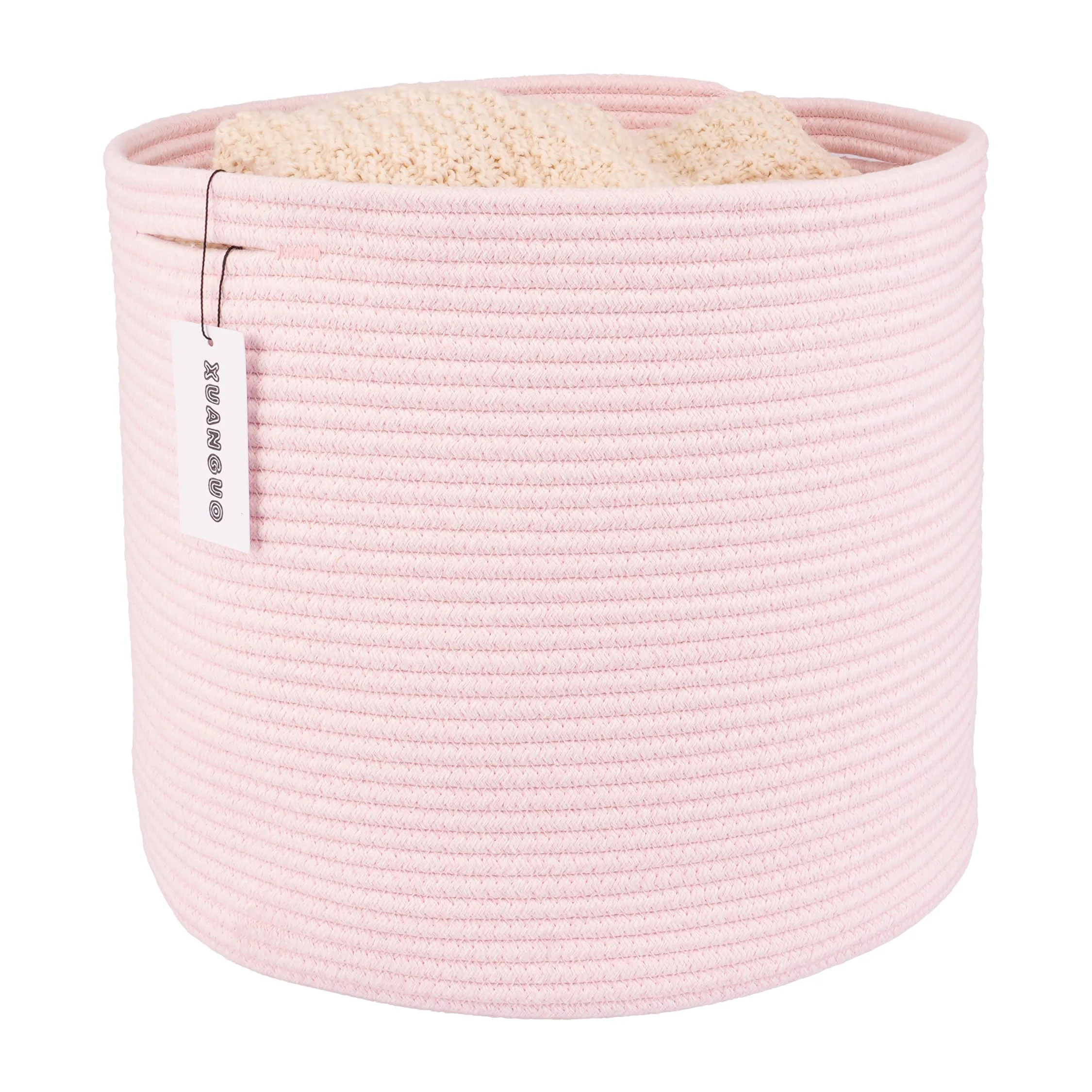 XUANGUO Cotton Rope Basket For Girls Kids 16 X14 Baby Laundry Baskets Nursery Bin Round Woven Basket Organizer For Storage