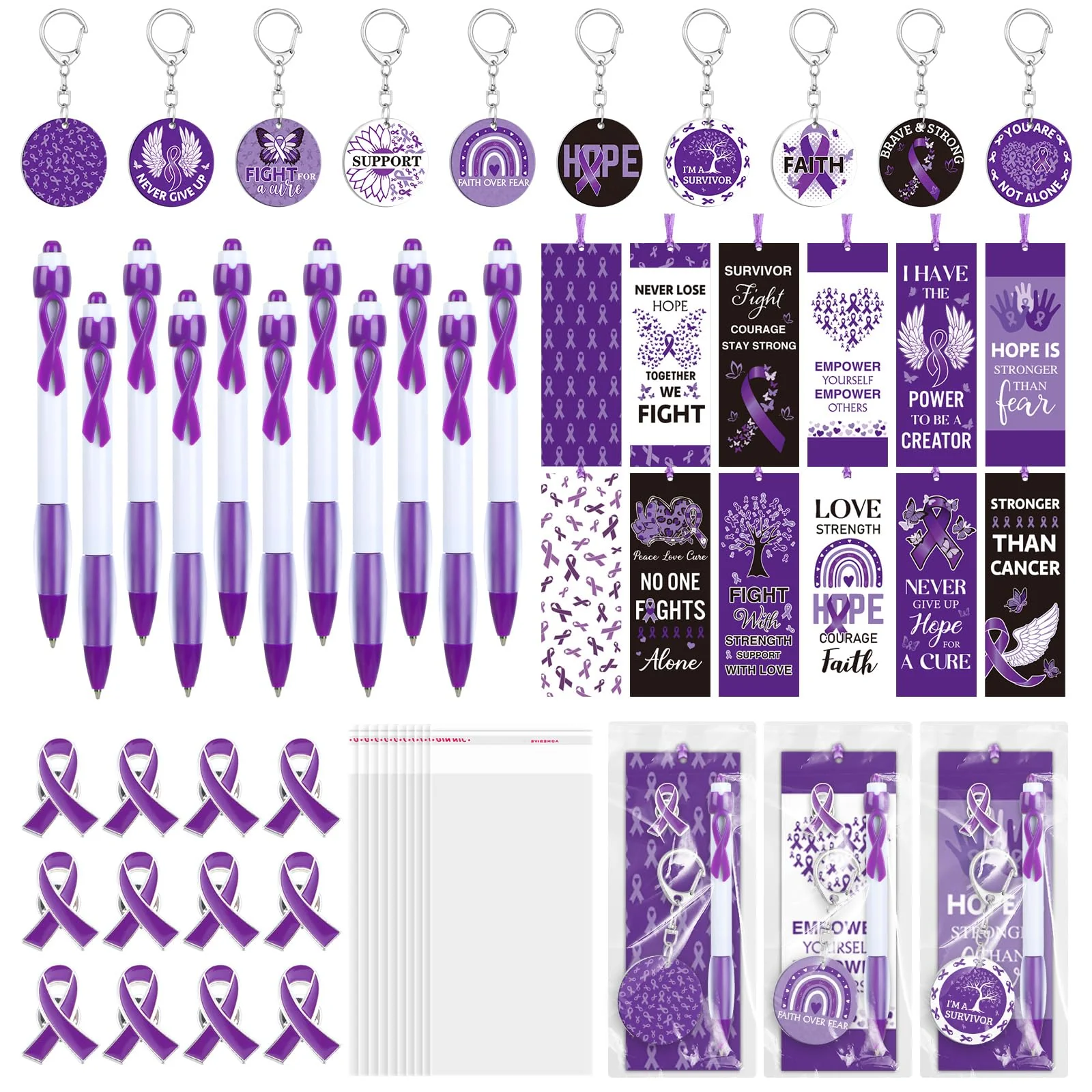 Yaomiao 180 Pcs/ 30 Sets Purple Ribbon Awarness Gift Accessory Include 30 Alzheimer s Awareness Pen 30 Domestic Violence Bookmar