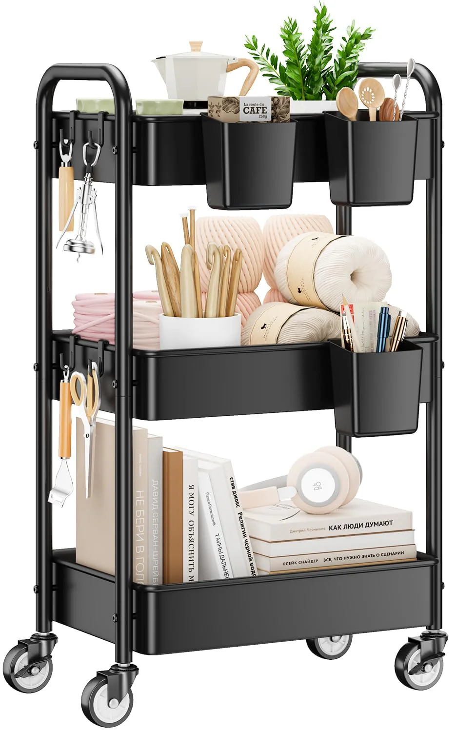 YASONIC 3 Tier Rolling Cart - Metal Utility Cart with Wheels, Hanging Cups, Hooks, Heavy Duty Mesh Rolling Storage Cart Organize