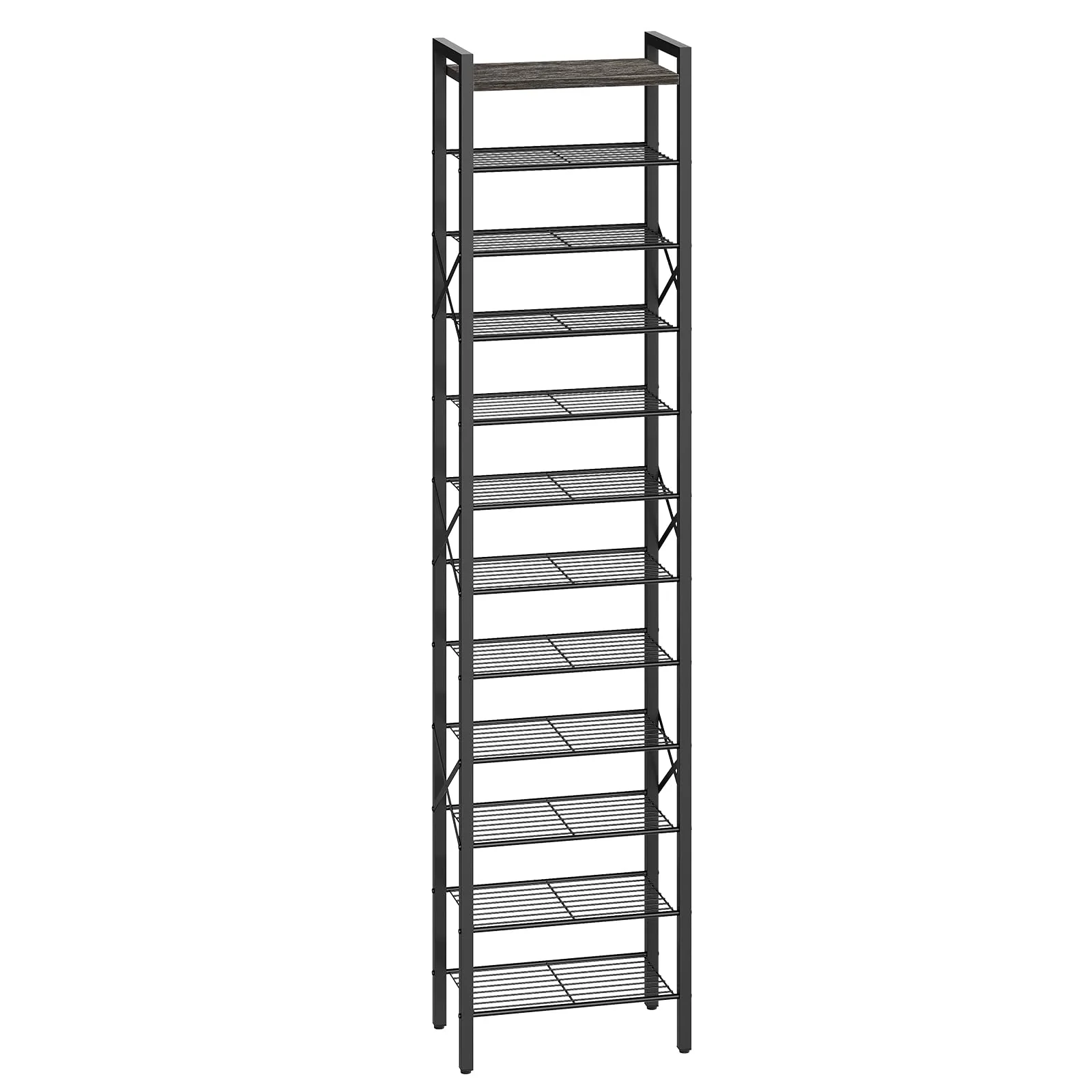 YATINEY 12-Tier Narrow Shoe Rack, Tall Shoe Rack for 12-24 Pairs, Slim Shoe Storage Organizer with Wooden Top, Space Saving, Met