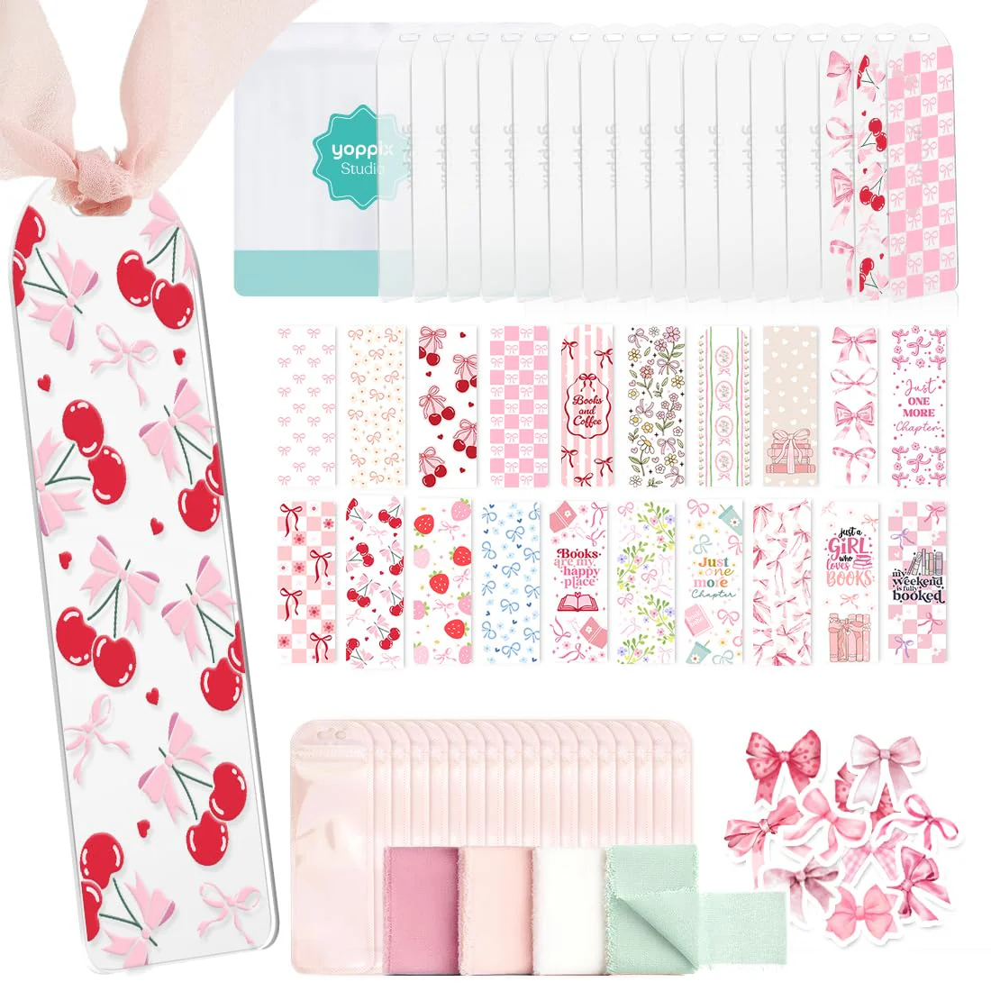 YOPPIX 6x2    Acrylic Bookmark Blanks- 20 Set Bookmark Making Kit with 20 UV DTF Stickers About Bow Theme 20 Ribbon 80 Bookish S