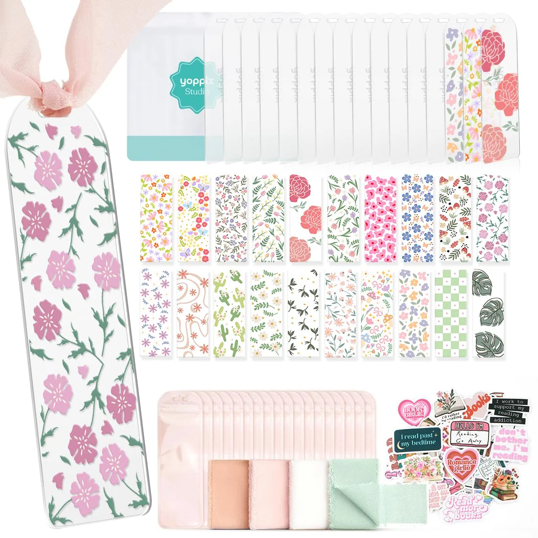 YOPPIX 6x2 Acrylic Bookmark Blanks- 20 Set Bookmark Making Kit with 20 UV DTF Stickers About Flower Theme 20 Ribbon 80 Bookis